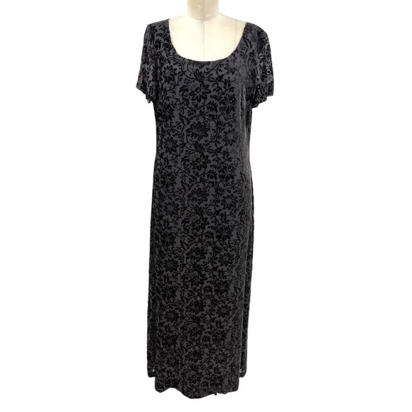 Laura Ashley Vintage Floral Flocked Velvet Whimsigoth Maxi Dress Gray Size US 12 - Picture 1 of 11